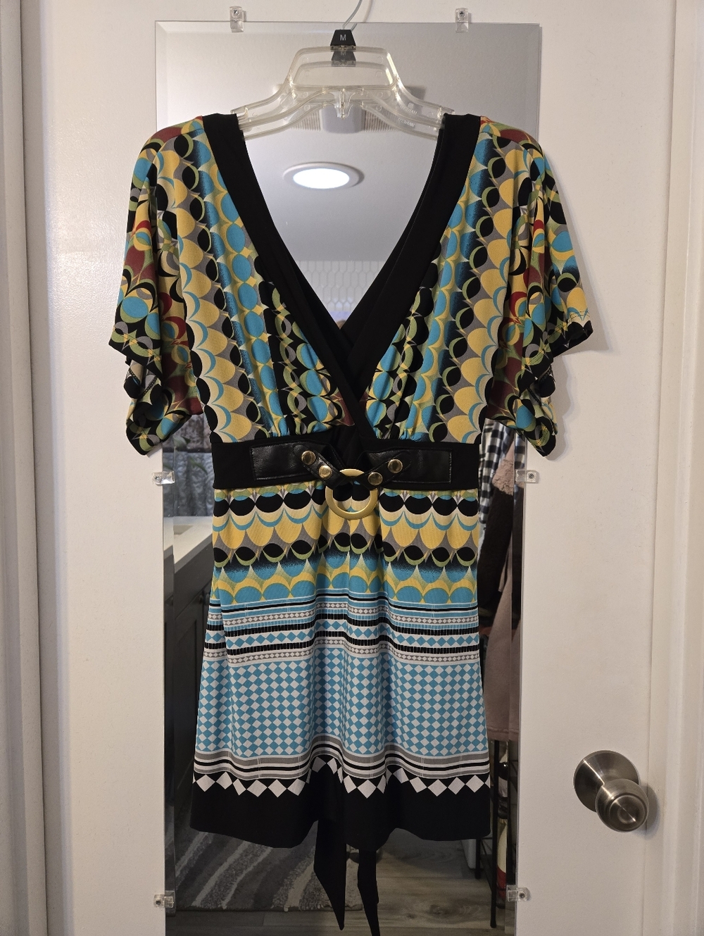 Retro-Pattern V-Neck Mini Tunic in Blue, Yellow & Black